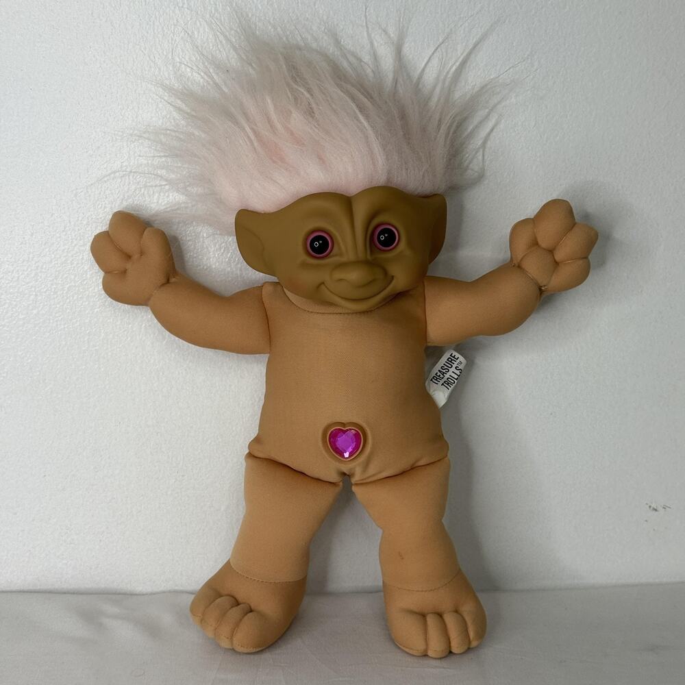 Vintage 1991 Treasure Trolls Troll Tots Plush Doll Pink Hair Heart Gem Large